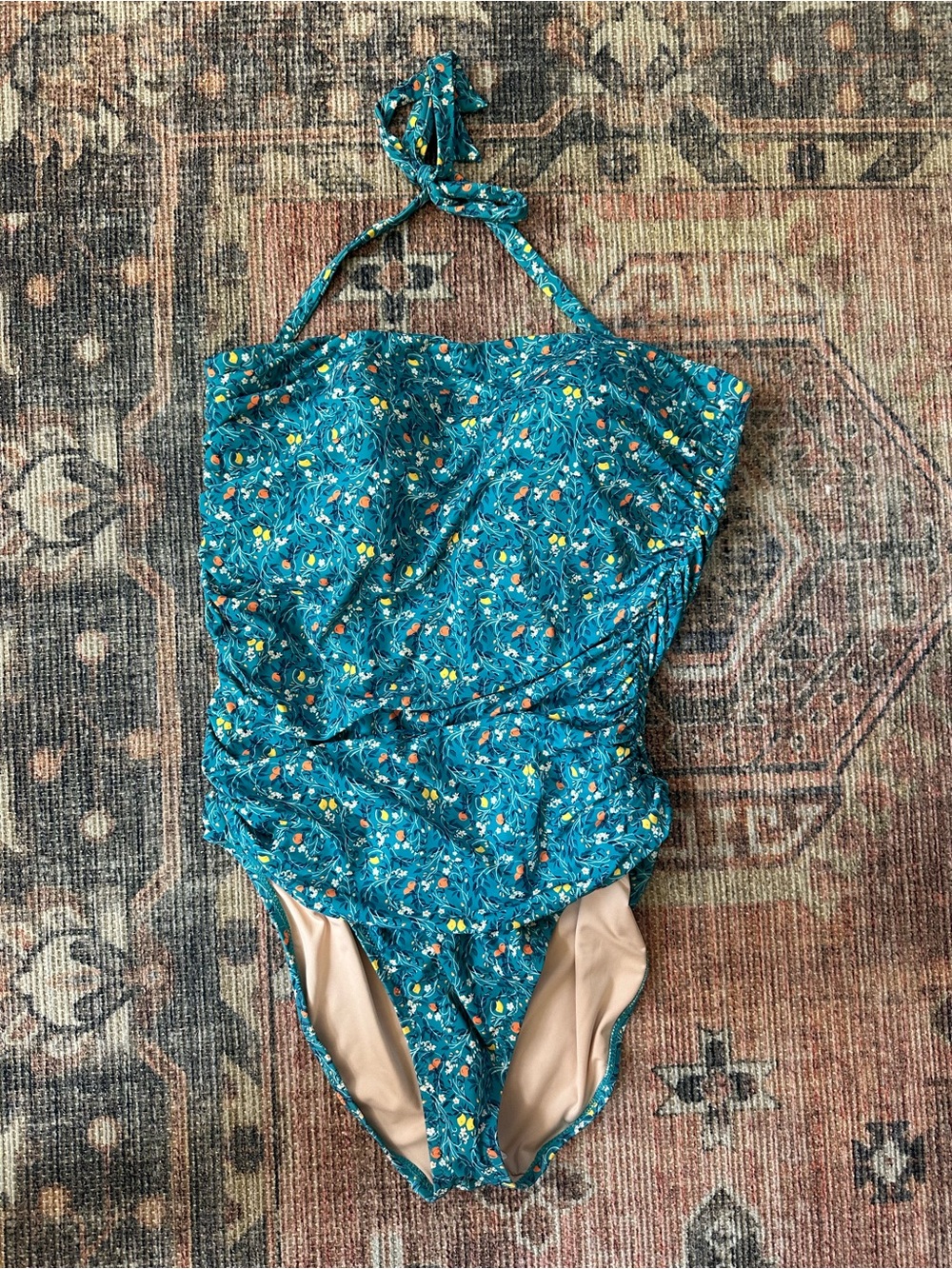 Garnet Hill Bandeau Orange and Lemon Ruched One Piece Bathing Suit